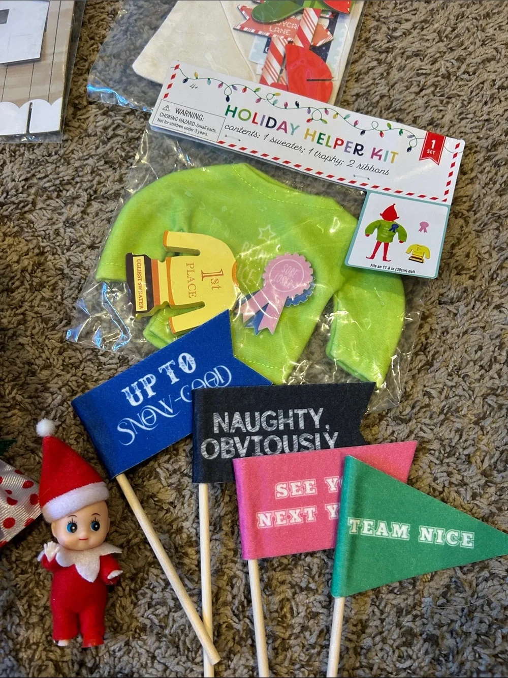 Elf on the shelf, elf figure, baby elf, and lots of props and accessories